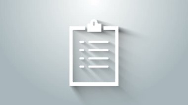 Gri arkaplanda kontrol listesi simgesi olan beyaz pano. Kontrol listesi sembolü. Anket anketi ya da anket geri bildirim formu. 4K Video hareketli grafik canlandırması