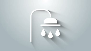 Gri zemin üzerinde su damlaları akan ikon olan beyaz duş başlığı izole edildi. 4K Video hareketli grafik canlandırması