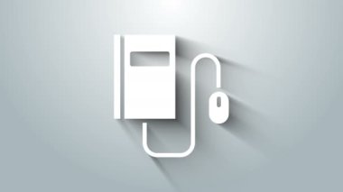 Gri arkaplanda fare simgesi olan beyaz elektronik kitap. Çevrimiçi eğitim kavramı. E-kitap rozet ikonu. 4K Video hareketli grafik canlandırması