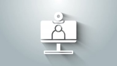 Beyaz Görüntü sohbet konferansı simgesi gri arkaplanda izole edildi. Ekranda görüntülü sohbet arayüzü olan bilgisayar. 4K Video hareketli grafik canlandırması