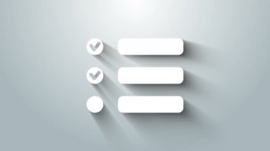 Gri arkaplanda beyaz görev listesi simgesi izole edildi. Kontrol listesi sembolü. Anket anketi ya da anket geri bildirim formu. 4K Video hareketli grafik canlandırması