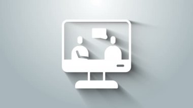 Beyaz Çevrimiçi Eğitim ve mezuniyet ikonu gri arka planda izole edildi. İnternetteki öğretmen monitörde. Giyinme ve video semineri öğrenme. 4K Video hareketli grafik canlandırması