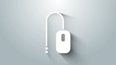 Beyaz Bilgisayar faresi simgesi gri arkaplanda izole edildi. Tekerlek sembollü optik. 4K Video hareketli grafik canlandırması