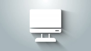 Gri arkaplanda beyaz bilgisayar ekranı simgesi izole edildi. Elektronik cihaz. Ön manzara. 4K Video hareketli grafik canlandırması