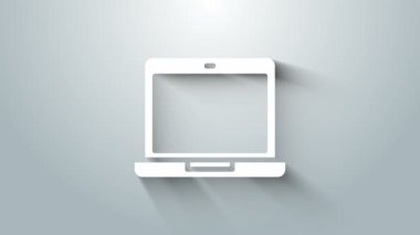 Gri arkaplanda beyaz dizüstü bilgisayar simgesi izole edildi. Boş ekran işaretli bilgisayar defteri. 4K Video hareketli grafik canlandırması