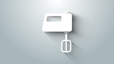 Gri arkaplanda beyaz elektrik karıştırıcı simgesi izole edildi. Mutfak blenderi. 4K Video hareketli grafik canlandırması