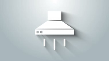 Beyaz Mutfak sökücü fan simgesi gri arkaplanda izole edildi. Mutfak kaputu. Mutfak egzozu. Ev aletleri. 4K Video hareketli grafik canlandırması