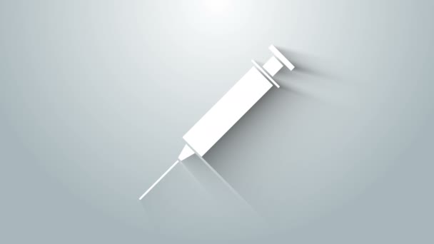 Witte spuit pictogram geïsoleerd op grijze achtergrond. Spuit voor vaccin, vaccinatie, injectie, griepprik. Medische apparatuur. 4K Video motion grafische animatie — Stockvideo