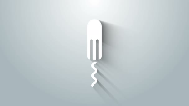 Icono de tampón sanitario y menstruación blanca aislado sobre fondo gris. Producto de higiene femenina. Animación gráfica de vídeo 4K — Vídeo de stock