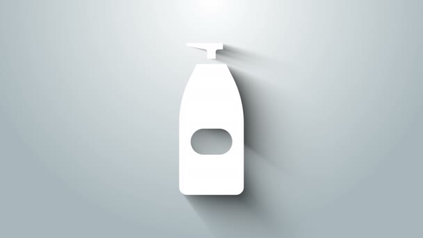 Botella blanca de jabón líquido antibacteriano con icono del dispensador aislado sobre fondo gris. Antiséptico. Desinfección, higiene, cuidado de la piel. Animación gráfica de vídeo 4K — Vídeo de stock