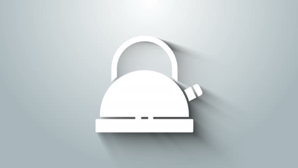 Hervidor blanco con icono de mango aislado sobre fondo gris. Icono de tetera. Animación gráfica de vídeo 4K — Vídeo de stock