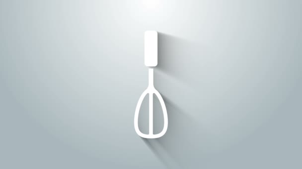 Icono de batidor de cocina blanca aislado sobre fondo gris. Utensil de cocina, batidor de huevos. Signo de cubertería. Comida mezcla símbolo. Animación gráfica de vídeo 4K — Vídeo de stock