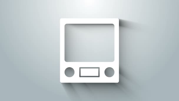 Fehér elektronikus mérlegek ikon elszigetelt szürke háttér. Súlymérő berendezés. 4K Videó mozgás grafikus animáció — Stock videók