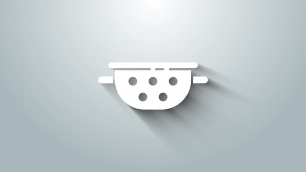 Λευκό εικονίδιο σουρωτήρι κουζίνας απομονωμένο σε γκρι φόντο. Μαγειρικό σκεύος. Σημάδι για μαχαιροπίρουνα. 4K Γραφική κίνηση κίνησης βίντεο — Αρχείο Βίντεο