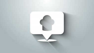 Gri arkaplanda konum simgesi olan beyaz aşçı şapkası. Aşçılık sembolü. Aşçı şapkası. 4K Video hareketli grafik canlandırması