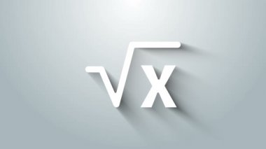 Gri arkaplanda izole edilmiş x sembolünün beyaz kare kökü. Matematiksel ifade. 4K Video hareketli grafik canlandırması