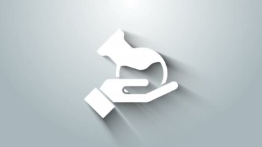 Gri arkaplanda beyaz test tüpü ve el ikonu izole edildi. Kimyasal laboratuvar testi. Laboratuvar camları. 4K Video hareketli grafik canlandırması