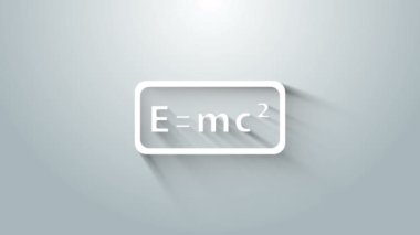 Beyaz Matematik denklem çözümü simgesi gri arkaplanda izole edildi. E eşittir bilgisayar ekranında mc kare denklemi. 4K Video hareketli grafik canlandırması