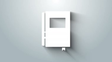 Beyaz Kitap simgesi gri arkaplanda izole edildi. 4K Video hareketli grafik canlandırması