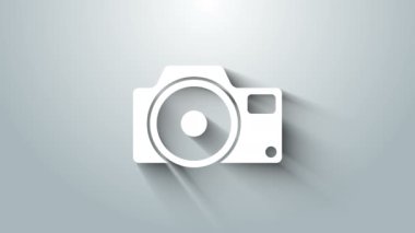 Gri arkaplanda beyaz fotoğraf makinesi simgesi izole edildi. Fotoğraf makinesi simgesi. 4K Video hareketli grafik canlandırması
