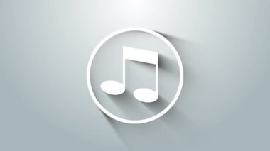 Beyaz müzik notası, ton simgesi gri arkaplanda izole edilmiş. 4K Video hareketli grafik canlandırması