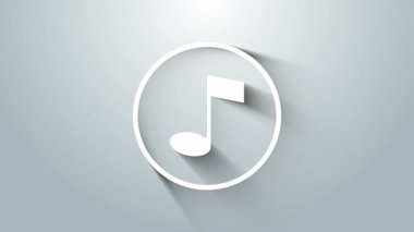 Beyaz müzik notası, ton simgesi gri arkaplanda izole edilmiş. 4K Video hareketli grafik canlandırması