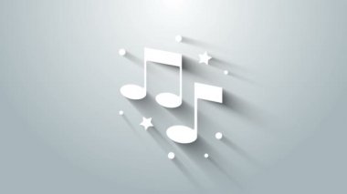Beyaz müzik notası, ton simgesi gri arkaplanda izole edilmiş. 4K Video hareketli grafik canlandırması