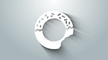 Gri arkaplanda tatlı simgesi olan beyaz çörek. 4K Video hareketli grafik canlandırması