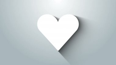 Beyaz Kalp simgesi gri arkaplanda izole edildi. Romantik sembol, bağlanma, tutku ve düğün. Sevgililer Günü sembolü. 4K Video hareketli grafik canlandırması