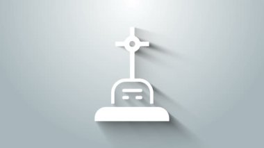 Gri arkaplanda çapraz simgesi olan Beyaz Mezar. 4K Video hareketli grafik canlandırması