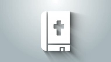 Beyaz kutsal kitap ikonu gri arka planda izole edilmiş. 4K Video hareketli grafik canlandırması