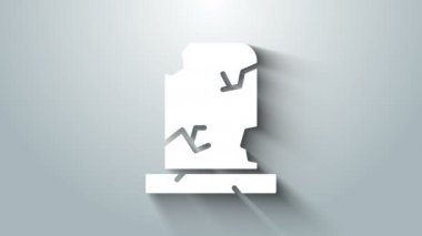 Gri arka planda izole edilmiş mezar taşı ikonu olan eski beyaz bir mezar. 4K Video hareketli grafik canlandırması