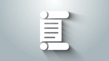 Beyaz KHK, kağıt, parşömen, parşömen simgesi gri arkaplanda izole edilmiş. 4K Video hareketli grafik canlandırması