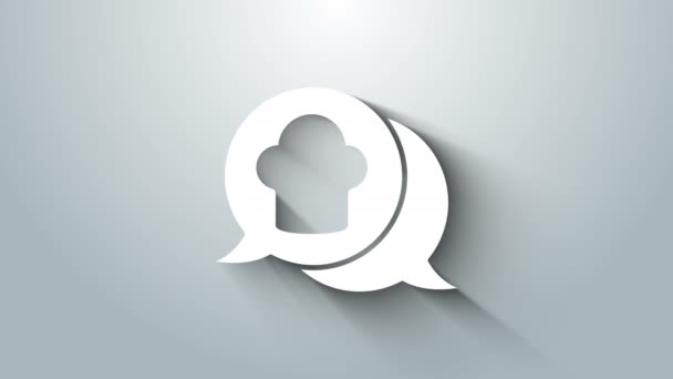 Sombrero Chef Blanco en el icono de la burbuja del habla aislado sobre fondo gris. Símbolo de cocina. Sombrero de cocina. Animación gráfica de vídeo 4K — Vídeos de Stock