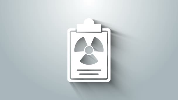 Ikona výstražného dokumentu bílého záření izolovaná na šedém pozadí. Textový soubor. Grafická animace pohybu videa 4K — Stock video