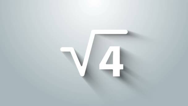 Raíz cuadrada blanca del icono del glifo 4 aislada sobre fondo gris. Expresión matemática. Animación gráfica de vídeo 4K — Vídeo de stock