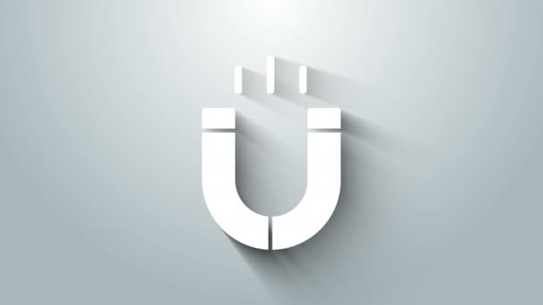 Icono de imán blanco aislado sobre fondo gris. Imán de herradura, magnetismo, magnetización, atracción. Animación gráfica de vídeo 4K — Vídeo de stock