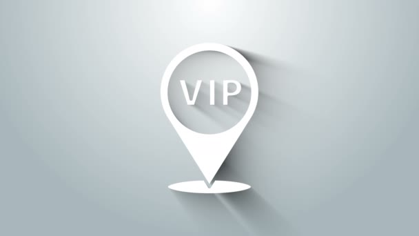White Location Vip icoon geïsoleerd op grijze achtergrond. 4K Video motion grafische animatie — Stockvideo