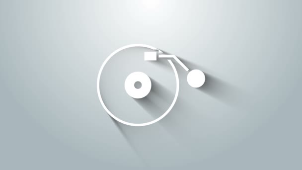 Bílý vinylový přehrávač s ikonou vinylového disku izolovaný na šedém pozadí. Grafická animace pohybu videa 4K — Stock video