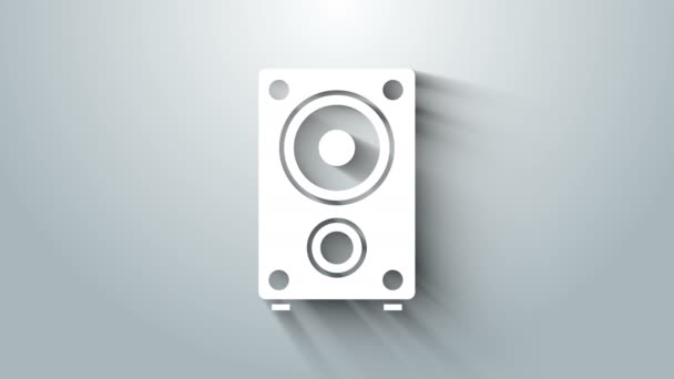 화이트 스테레오 스피커 아이콘은 회색 배경에서 분리되었다. 소리 시스템 스피커. 음악 아이콘. 뮤지컬 스피커 베이스 장비. 4K 비디오 모션 그래픽 애니메이션 — 비디오