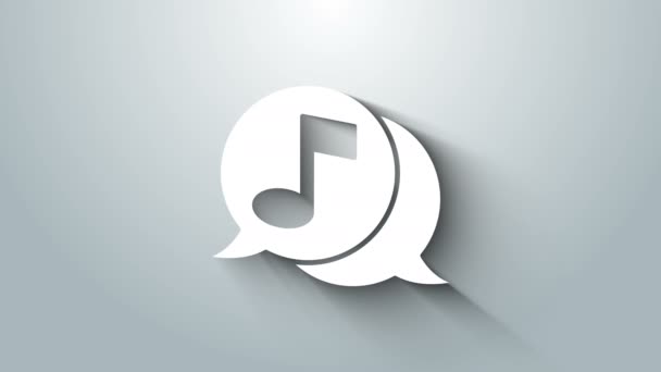 Bianco Nota musicale nell'icona della bolla vocale isolata su sfondo grigio. Concetto di musica e suono. Animazione grafica 4K Video motion — Video Stock
