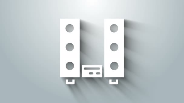 White Home stereo s ikonou dvou reproduktorů izolované na šedém pozadí. Hudební systém. Grafická animace pohybu videa 4K — Stock video