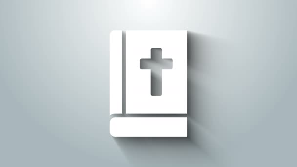 Witte Heilige bijbelboek icoon geïsoleerd op grijze achtergrond. 4K Video motion grafische animatie — Stockvideo