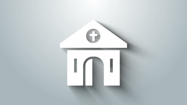 Fehér templom épület ikon elszigetelt szürke háttérrel. Keresztény egyház. Az egyház vallása. 4K Videó mozgás grafikus animáció — Stock videók