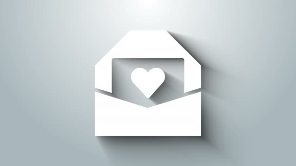Hvid Konvolut med Valentine hjerte ikon isoleret på grå baggrund. Besked kærlighed. Brev kærlighed og romantik. 4K Video bevægelse grafisk animation – Stock-video
