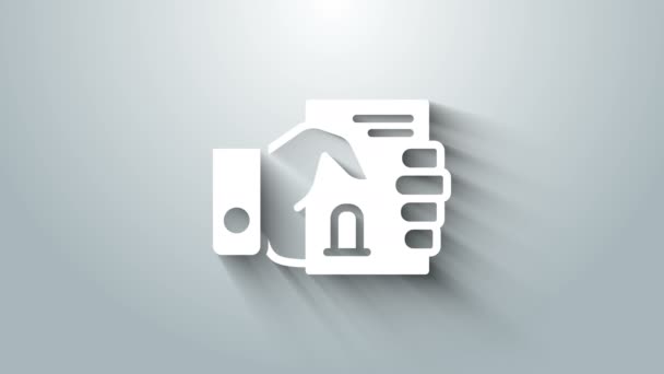 Certificado de defunción blanco en icono de mano aislado sobre fondo gris. Animación gráfica de vídeo 4K — Vídeo de stock