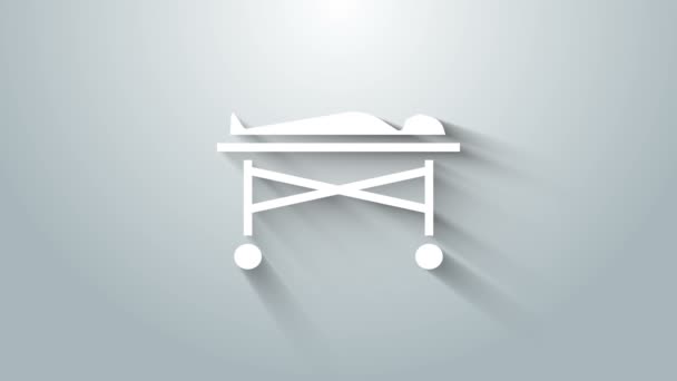 Vit död kropp i bårhuset ikonen isolerad på grå bakgrund. 4K Video motion grafisk animation — Stockvideo