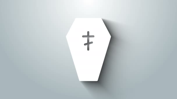 Biała trumna z ikoną krzyża chrześcijańskiego odizolowana na szarym tle. Wesołego Halloween. 4K Animacja graficzna ruchu wideo — Wideo stockowe