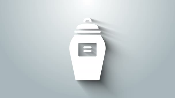 白色丧葬骨灰盒图标孤立在灰色背景.火化和埋葬容器、灵灰龛花瓶、罐子和骨灰罐。4K视频运动图形动画 — 图库视频影像