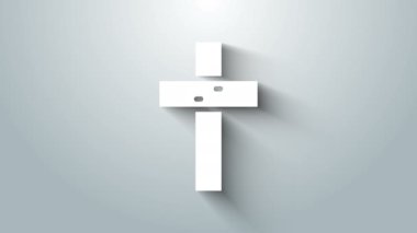 Beyaz Hıristiyan haç simgesi gri arkaplanda izole edildi. Kilise haçı. 4K Video hareketli grafik canlandırması